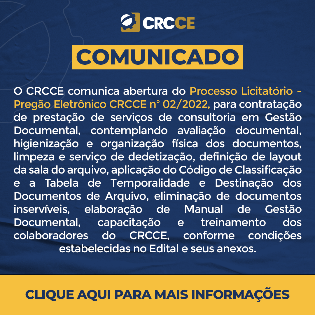 Processo Licitatório – Pregão Eletrônico CRCCE n° 02/2022