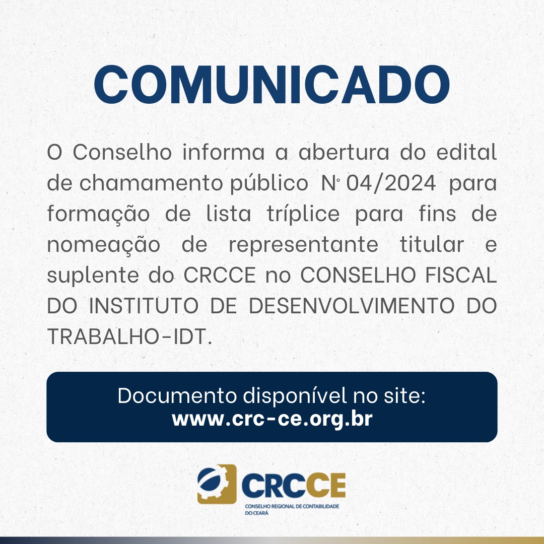 Comunicado – EDITAL DE CHAMAMENTO PÚBLICO Nº 04/2024 FORMAÇÃO DE LISTA TRÍPLICE – IDT