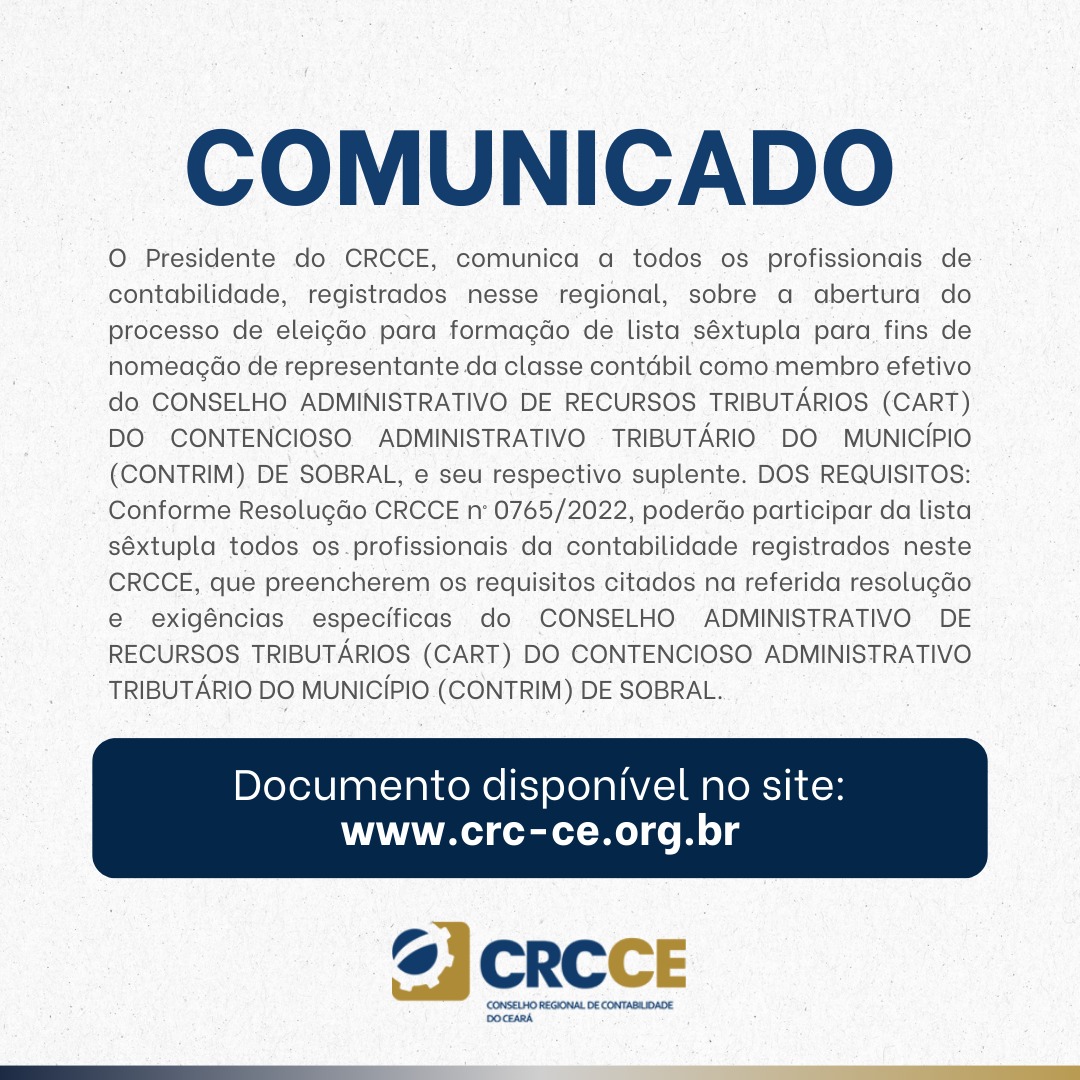 Edital – lista sêxtupla para fins de nomeação representantes da classe contábil – CART – CONTRIM