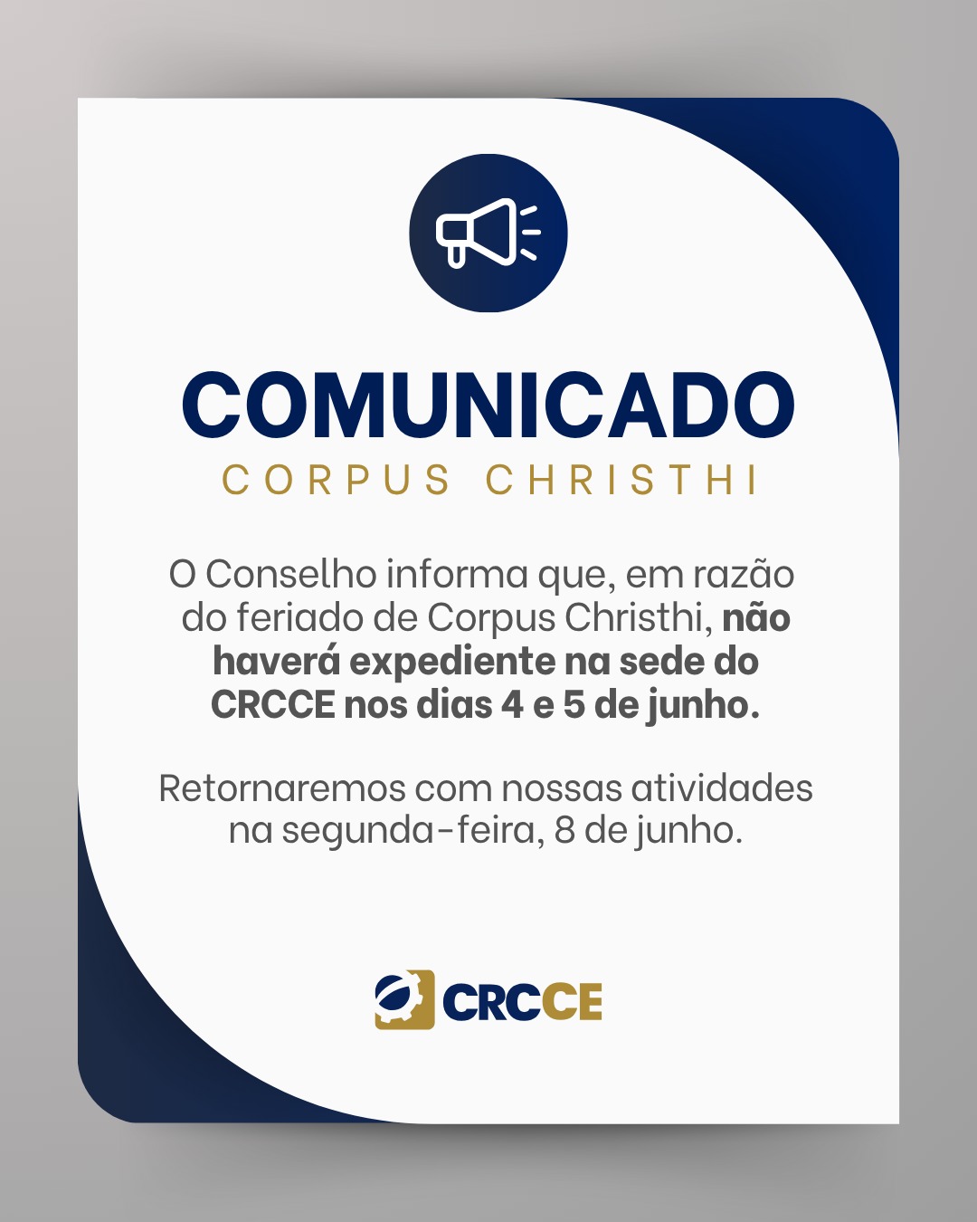 Comunicado – Feriado Corpus Christhi